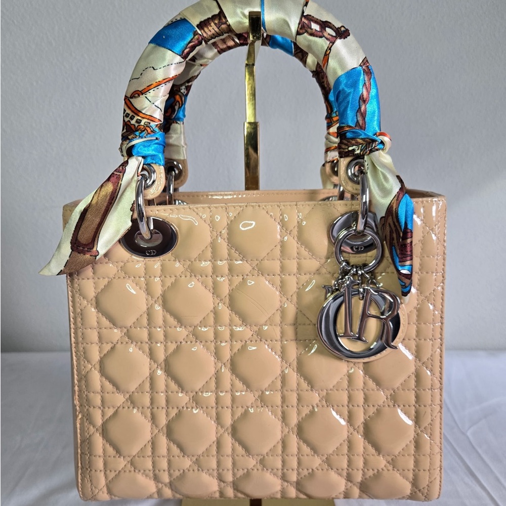 Dior Beige Patent Leather Lady Dior Satchel with Blue Accent Scarf